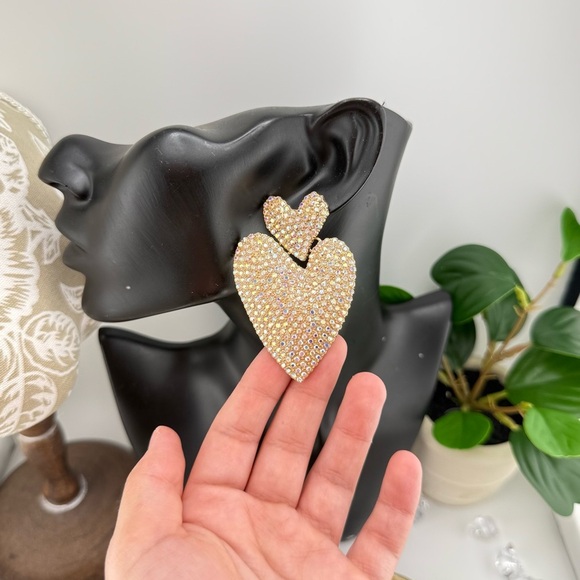 Glam Rhinestone Heart Drop Earrings | Statement Gold-Tone Dangle - Picture 8 of 10